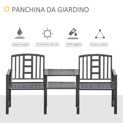 Modern 2-Seater Garden Bench with Table and Umbrella Hole Outdoor Furniture 165x56x85.5cm Black
