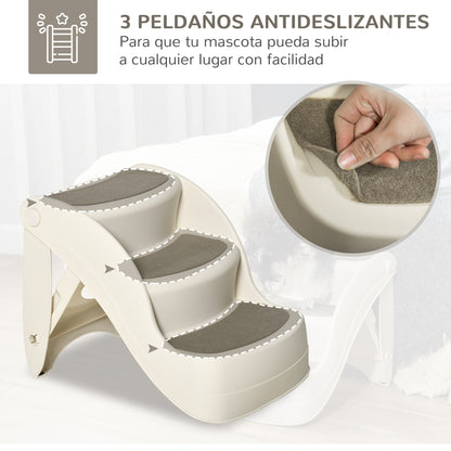 3-Step Foldable Plastic Dog Staircase with Non-Slip Mats for Bed Sofa Load 15 kg 49x38x38 cm Cream