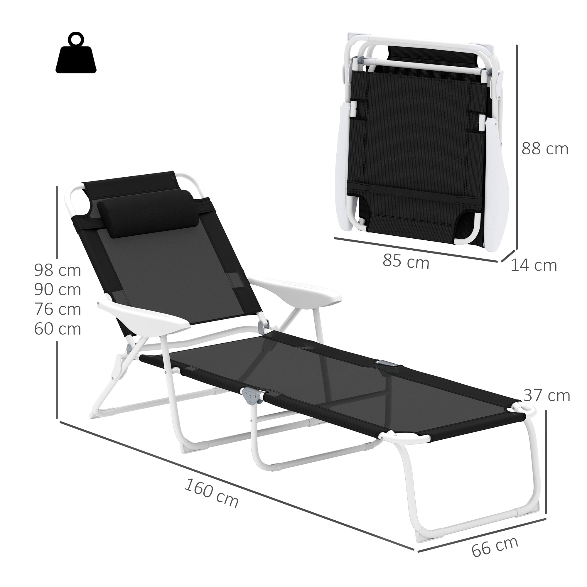 Folding Sun Lounger with Pillow — 4-Position Adjustable Backrest, Weather-Resistant Camping & Garden Chair, Supports up to 265 lb, Black