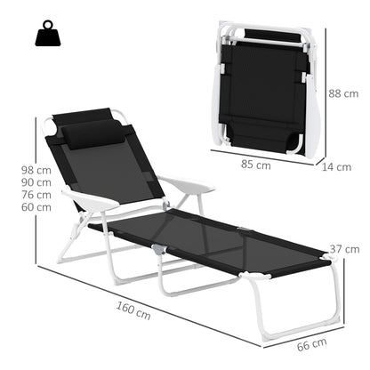 Folding Sun Lounger with Pillow — 4-Position Adjustable Backrest, Weather-Resistant Camping & Garden Chair, Supports up to 265 lb, Black