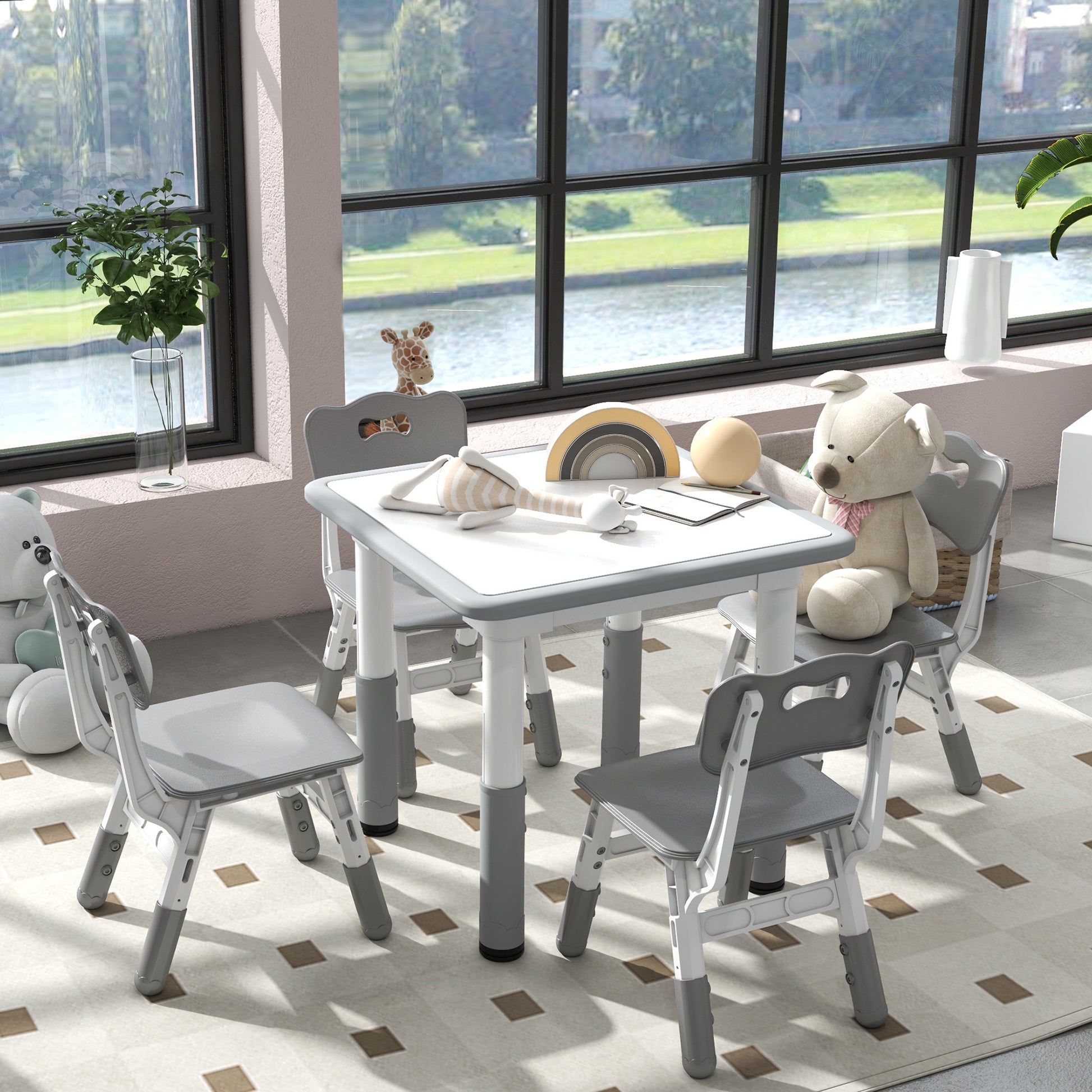 Children's Table and Chairs Set 18-60 Months, Space-Saving Design, Adjustable Height, Kids Table with Chalkboard for Playroom, in Wood and PP, for 4 Kids, Gray