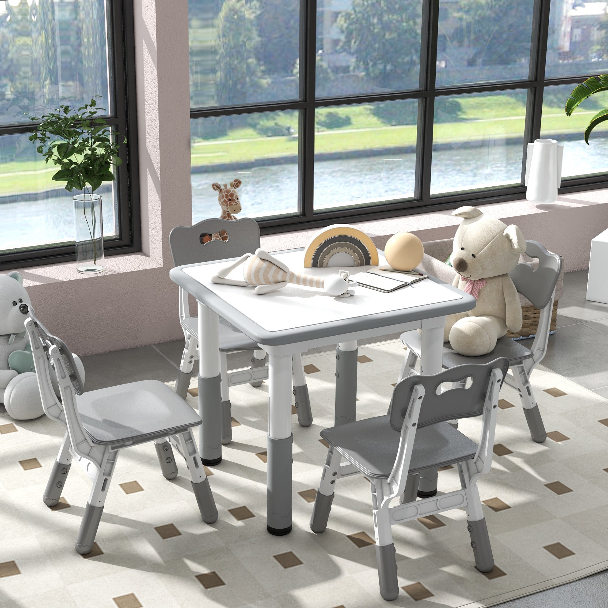 Children's Table and Chairs Set 18-60 Months, Space-Saving Design, Adjustable Height, Kids Table with Chalkboard for Playroom, in Wood and PP, for 4 Kids, Gray