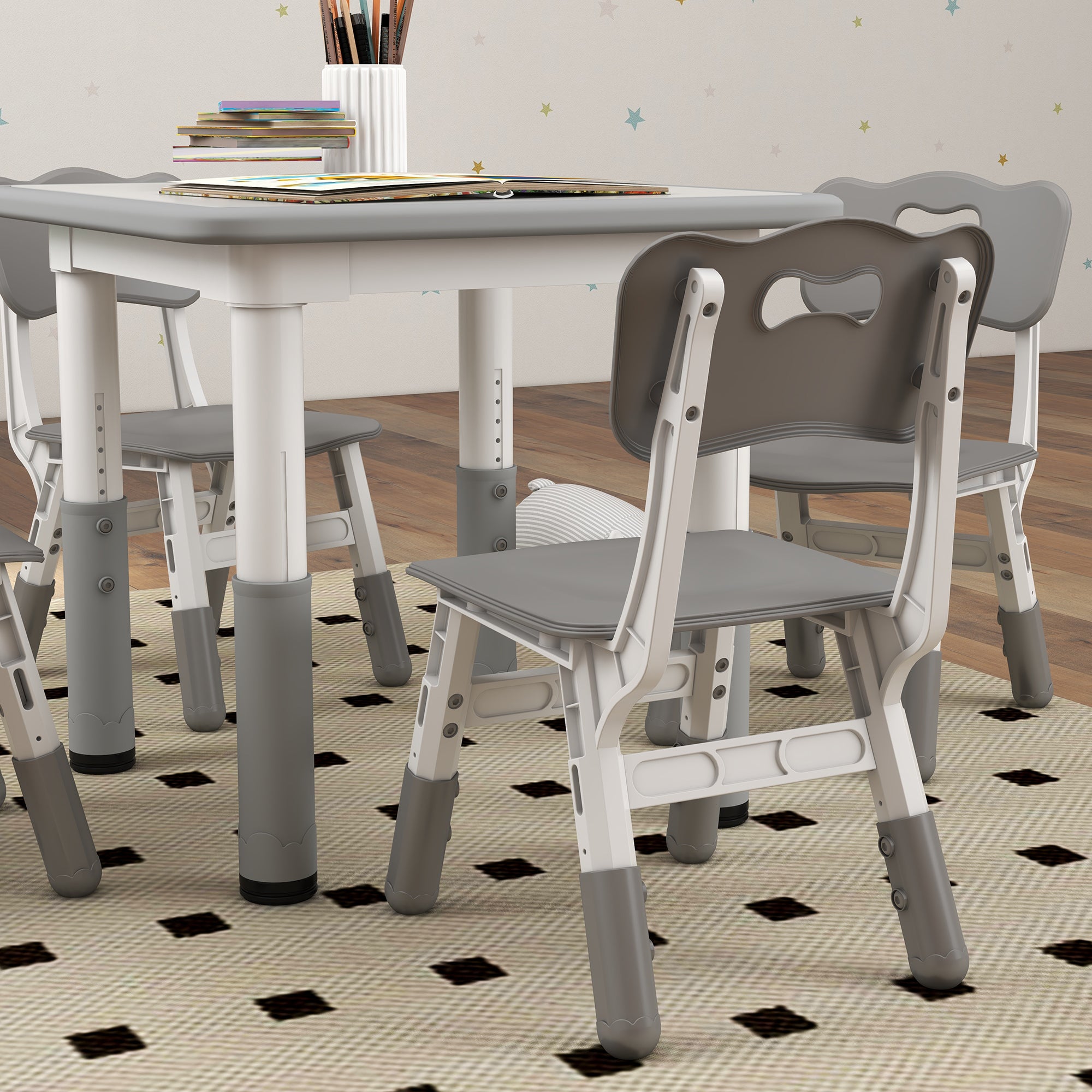 Children's Table and Chairs Set 18-60 Months, Space-Saving Design, Adjustable Height, Kids Table with Chalkboard for Playroom, in Wood and PP, for 4 Kids, Gray