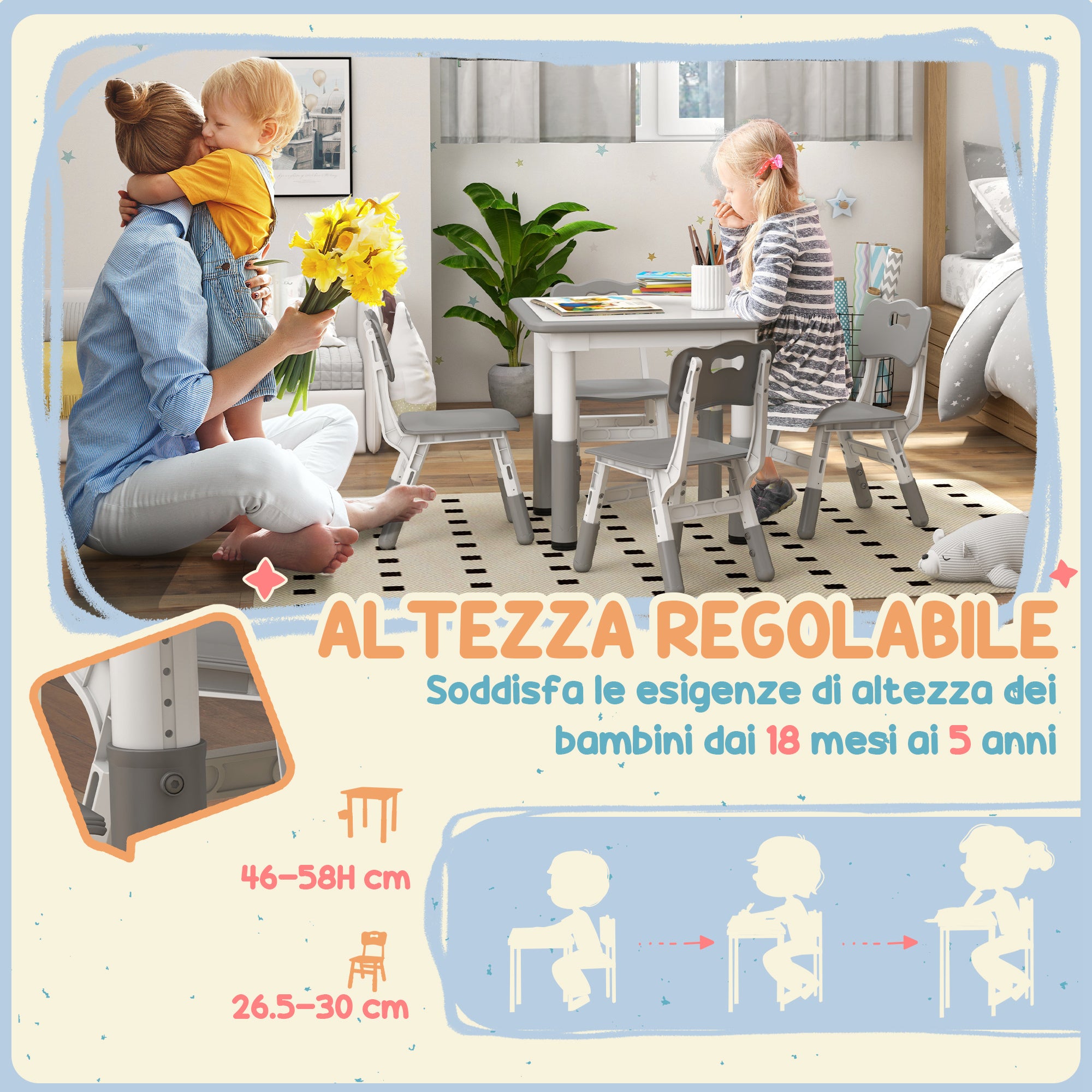 Children's Table and Chairs Set 18-60 Months, Space-Saving Design, Adjustable Height, Kids Table with Chalkboard for Playroom, in Wood and PP, for 4 Kids, Gray