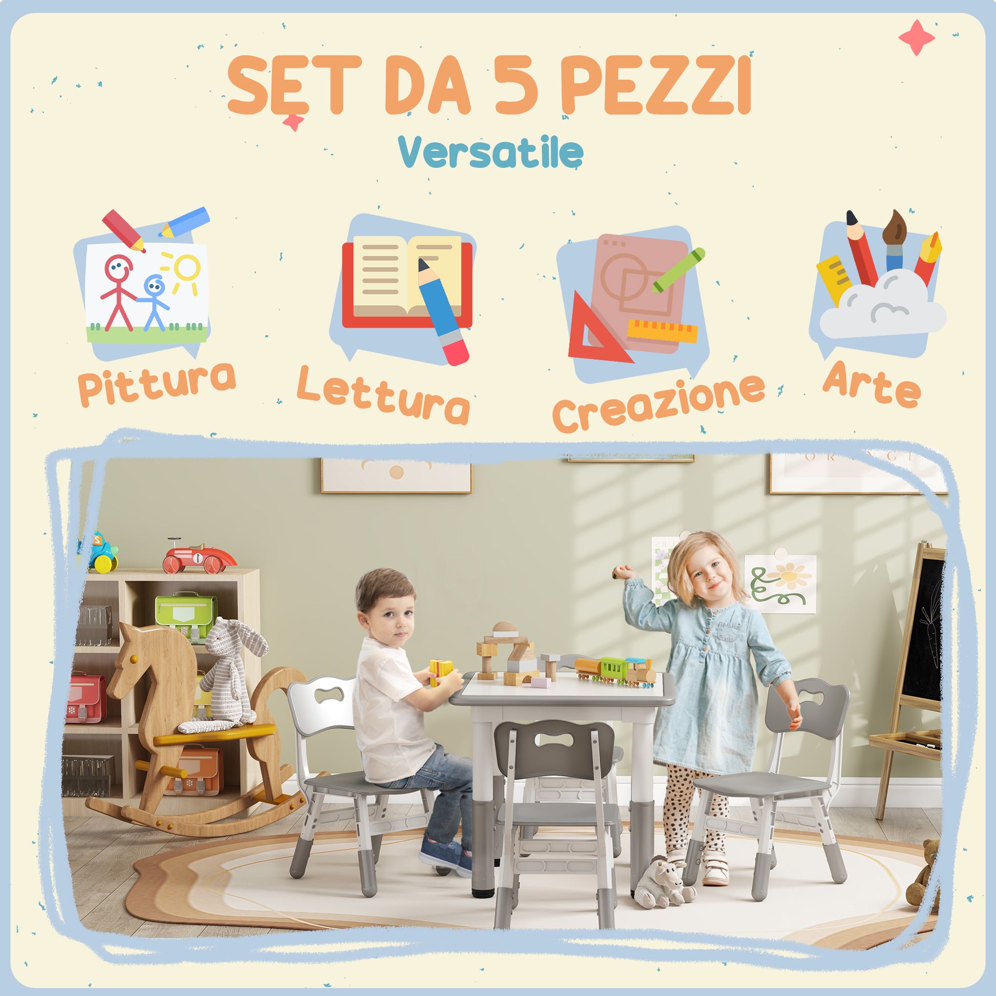 Children's Table and Chairs Set 18-60 Months, Space-Saving Design, Adjustable Height, Kids Table with Chalkboard for Playroom, in Wood and PP, for 4 Kids, Gray