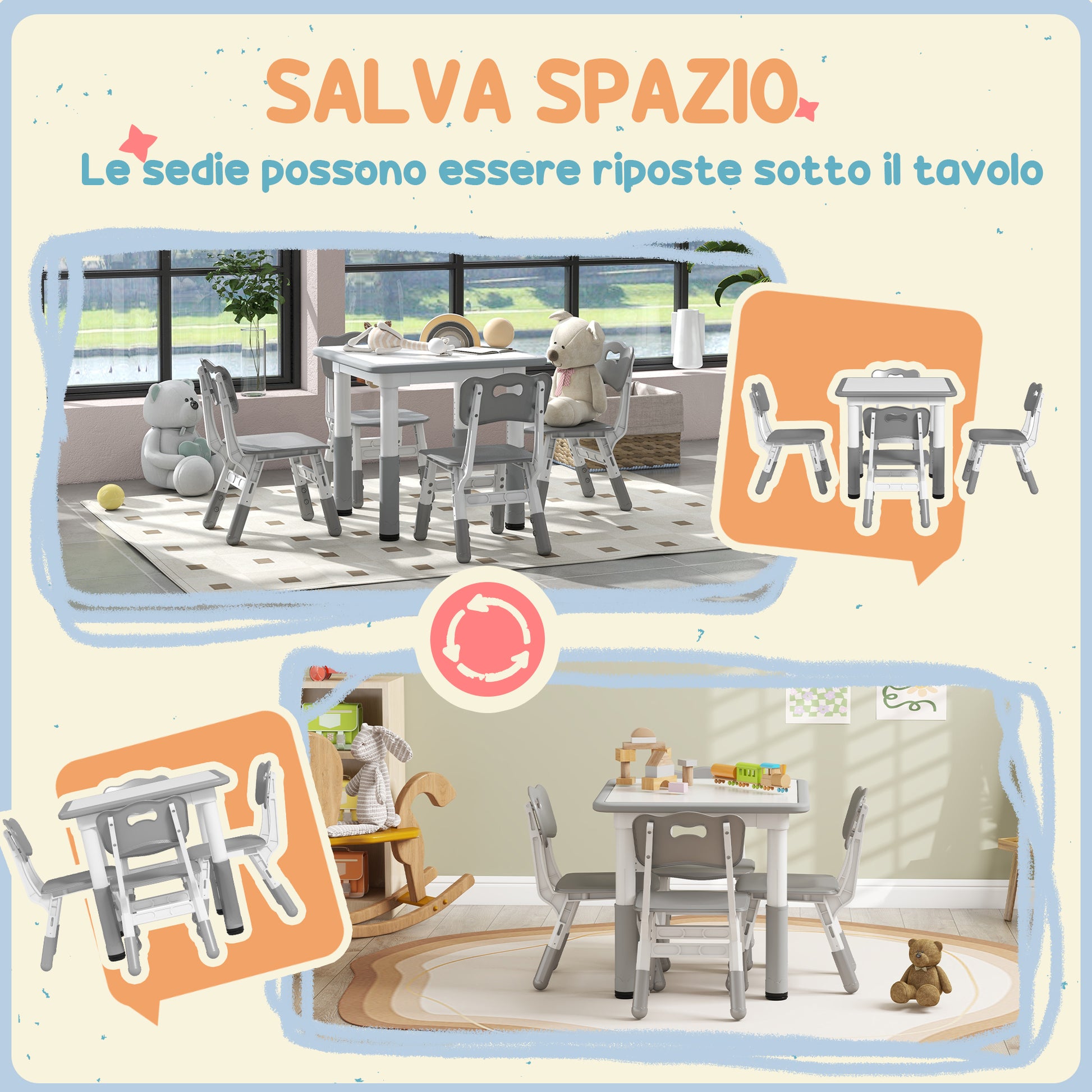 Children's Table and Chairs Set 18-60 Months, Space-Saving Design, Adjustable Height, Kids Table with Chalkboard for Playroom, in Wood and PP, for 4 Kids, Gray