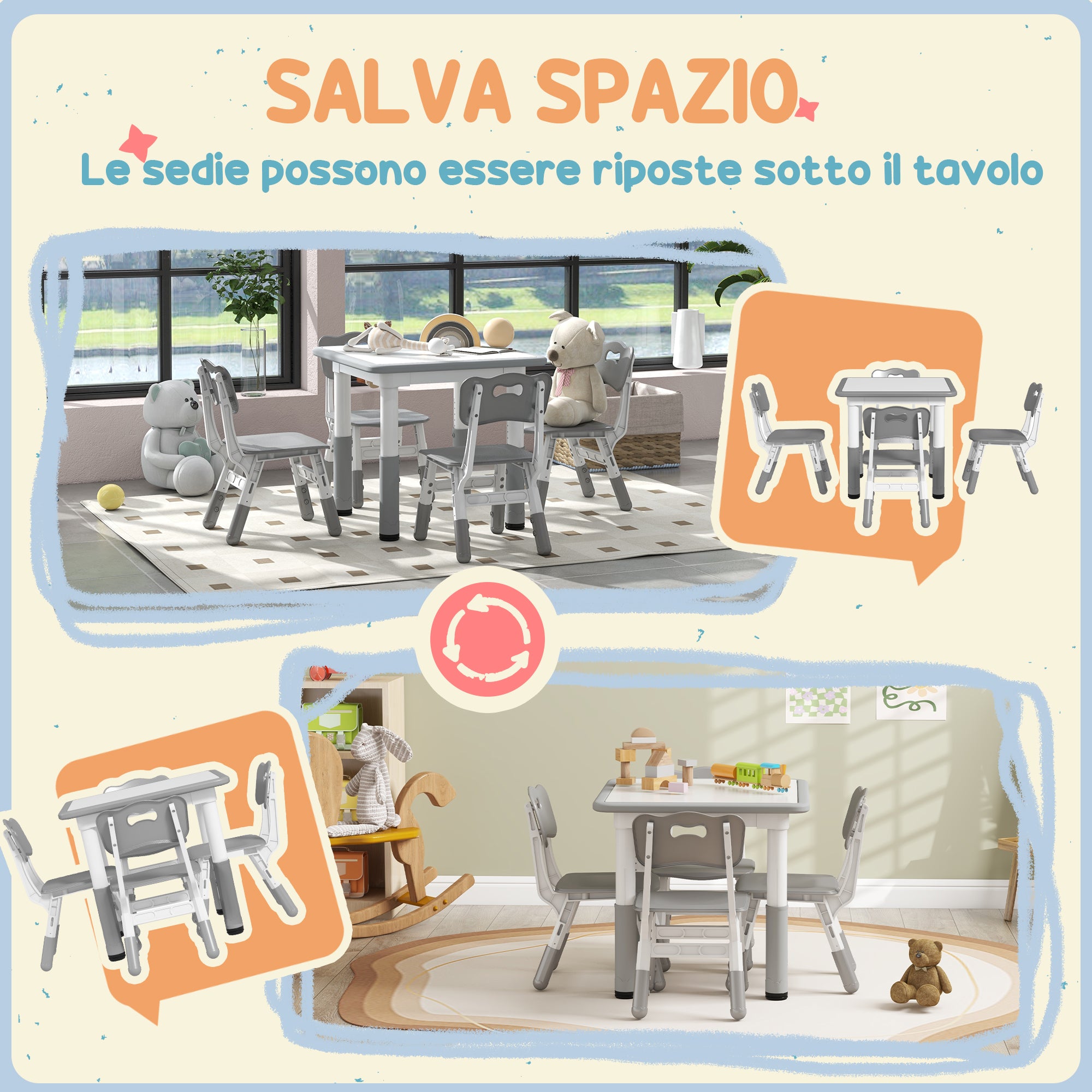 Children's Table and Chairs Set 18-60 Months, Space-Saving Design, Adjustable Height, Kids Table with Chalkboard for Playroom, in Wood and PP, for 4 Kids, Gray