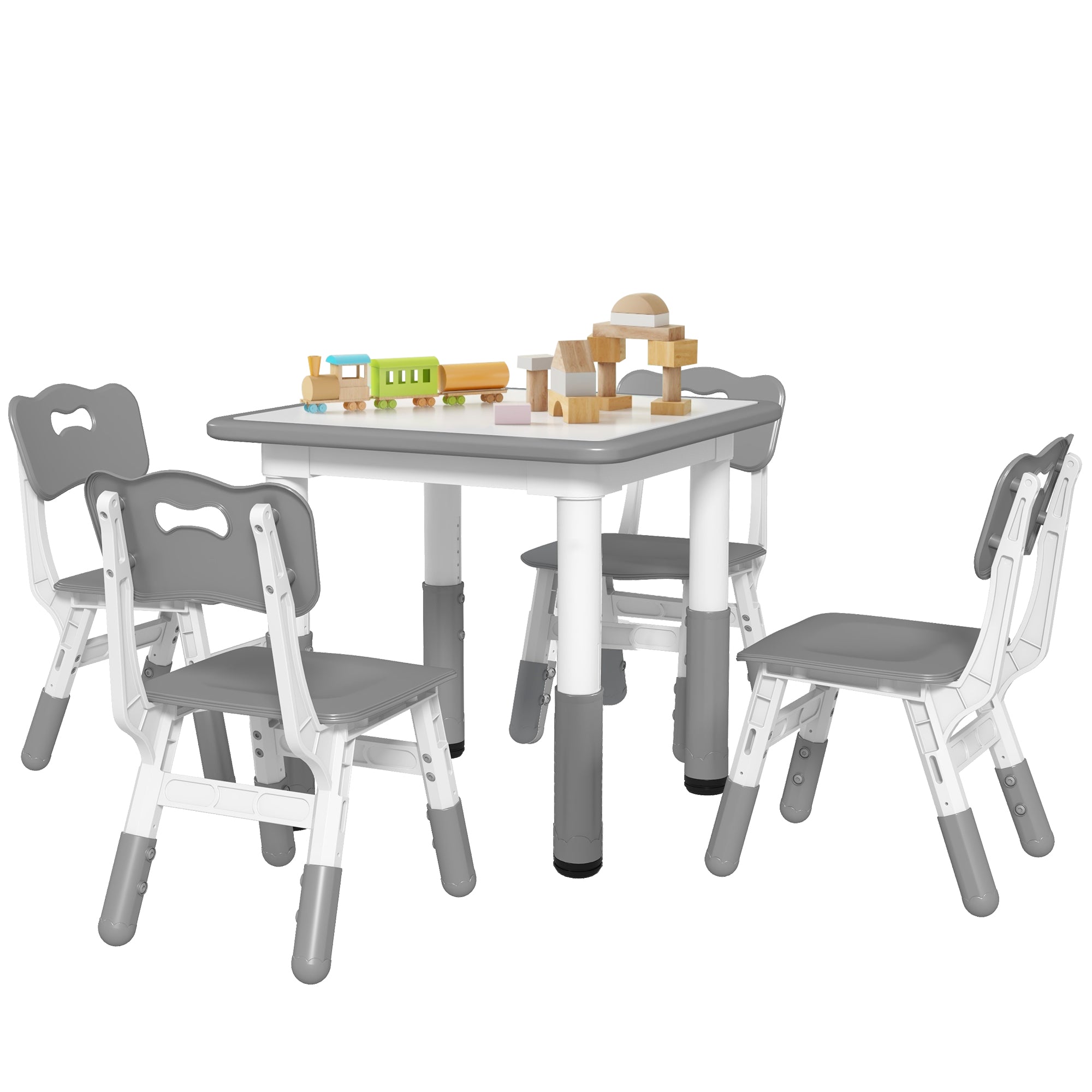 Children's Table and Chairs Set 18-60 Months, Space-Saving Design, Adjustable Height, Kids Table with Chalkboard for Playroom, in Wood and PP, for 4 Kids, Gray