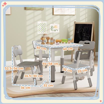 Children's Table and Chairs Set 18-60 Months, Space-Saving Design, Adjustable Height, Kids Table with Chalkboard for Playroom, in Wood and PP, for 4 Kids, Gray
