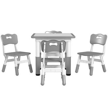 Children's Table and Chairs Set 18-60 Months, Space-Saving Design, Adjustable Height, Kids Table with Chalkboard for Playroom, in Wood and PP, for 4 Kids, Gray
