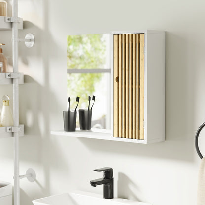 Bathroom Cabinet with Mirror, Bathroom Mirror with Shelf, Bamboo Slatted Door and Adjustable Shelf, 60 x 14 x 50 cm, White