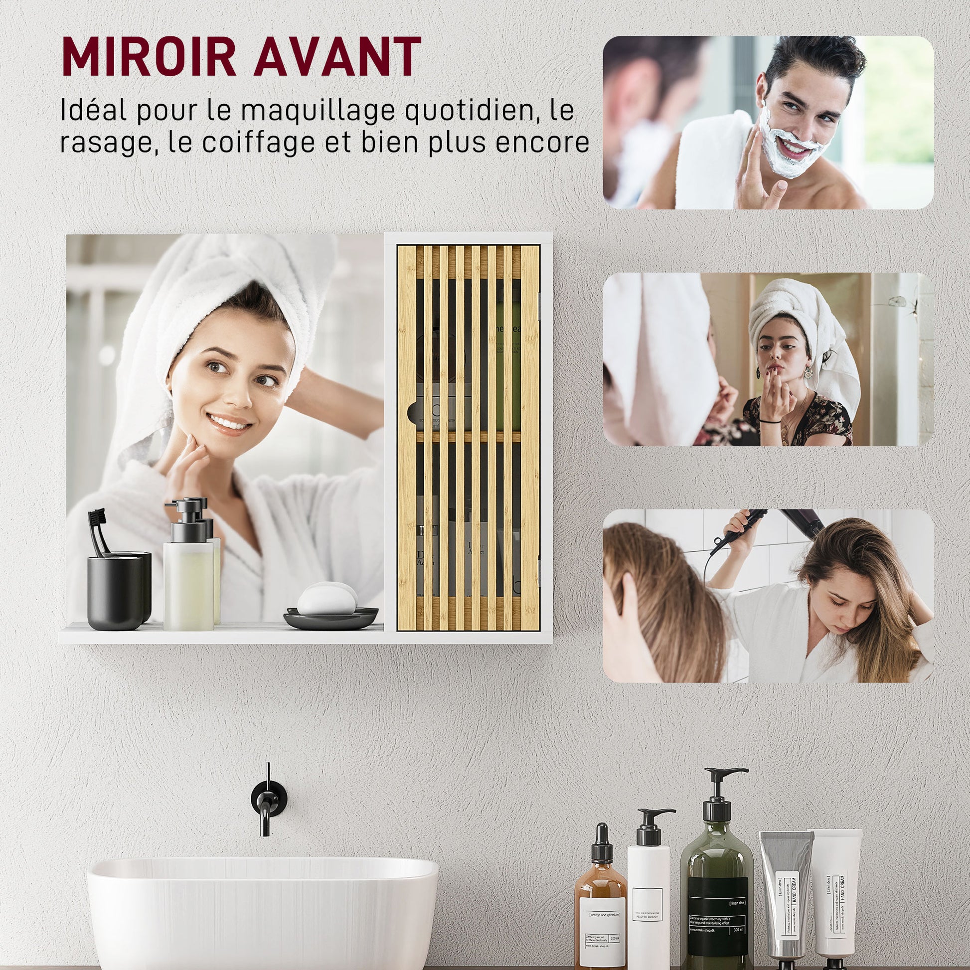 Bathroom Cabinet with Mirror, Bathroom Mirror with Shelf, Bamboo Slatted Door and Adjustable Shelf, 60 x 14 x 50 cm, White