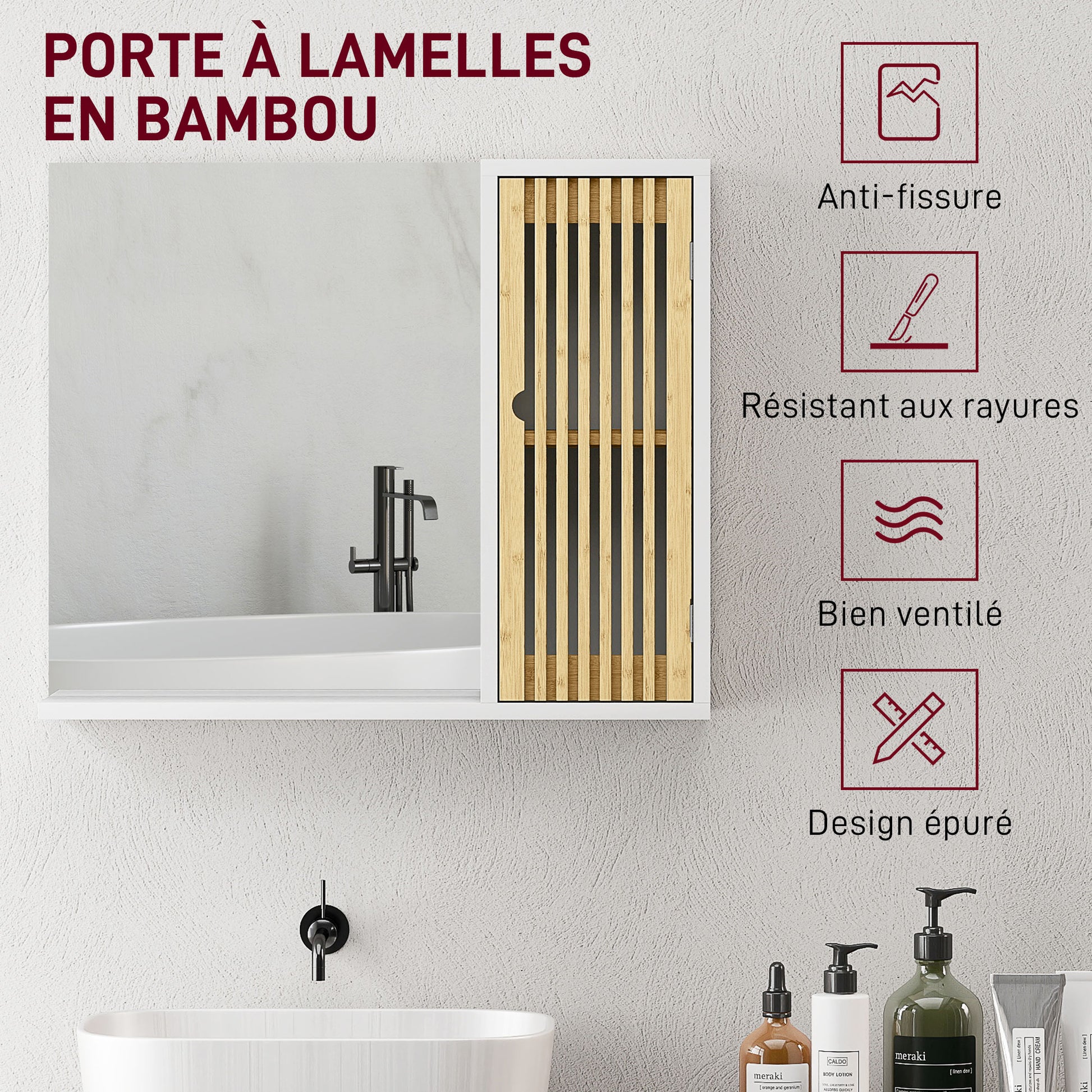 Bathroom Cabinet with Mirror, Bathroom Mirror with Shelf, Bamboo Slatted Door and Adjustable Shelf, 60 x 14 x 50 cm, White