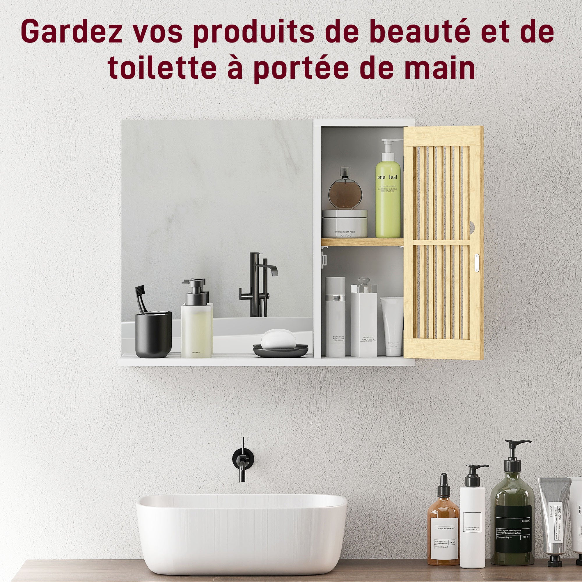 Bathroom Cabinet with Mirror, Bathroom Mirror with Shelf, Bamboo Slatted Door and Adjustable Shelf, 60 x 14 x 50 cm, White