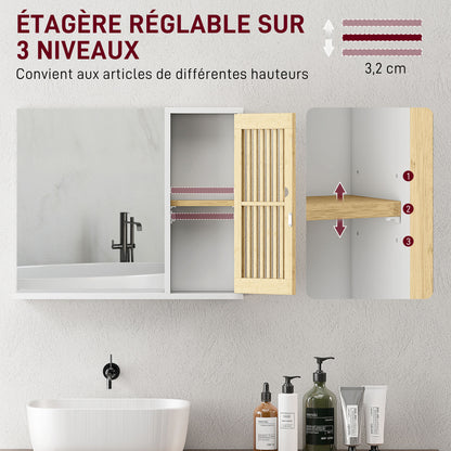 Bathroom Cabinet with Mirror, Bathroom Mirror with Shelf, Bamboo Slatted Door and Adjustable Shelf, 60 x 14 x 50 cm, White