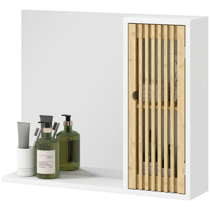 Bathroom Cabinet with Mirror, Bathroom Mirror with Shelf, Bamboo Slatted Door and Adjustable Shelf, 60 x 14 x 50 cm, White