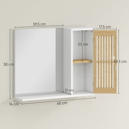 Bathroom Cabinet with Mirror, Bathroom Mirror with Shelf, Bamboo Slatted Door and Adjustable Shelf, 60 x 14 x 50 cm, White