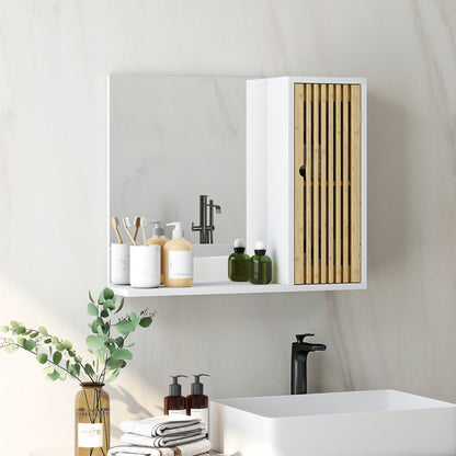 Bathroom Cabinet with Mirror, Bathroom Mirror with Shelf, Bamboo Slatted Door and Adjustable Shelf, 60 x 14 x 50 cm, White