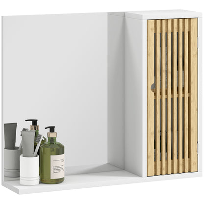 Bathroom Cabinet with Mirror, Bathroom Mirror with Shelf, Bamboo Slatted Door and Adjustable Shelf, 60 x 14 x 50 cm, White
