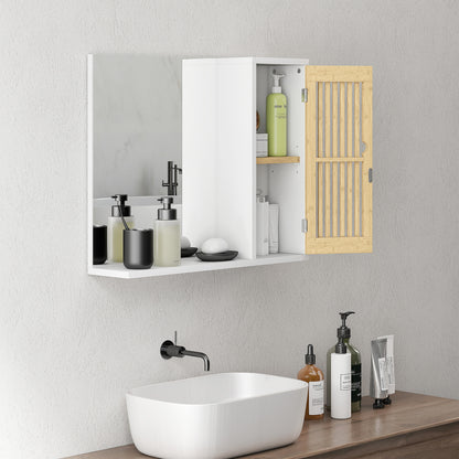 Bathroom Cabinet with Mirror, Bathroom Mirror with Shelf, Bamboo Slatted Door and Adjustable Shelf, 60 x 14 x 50 cm, White