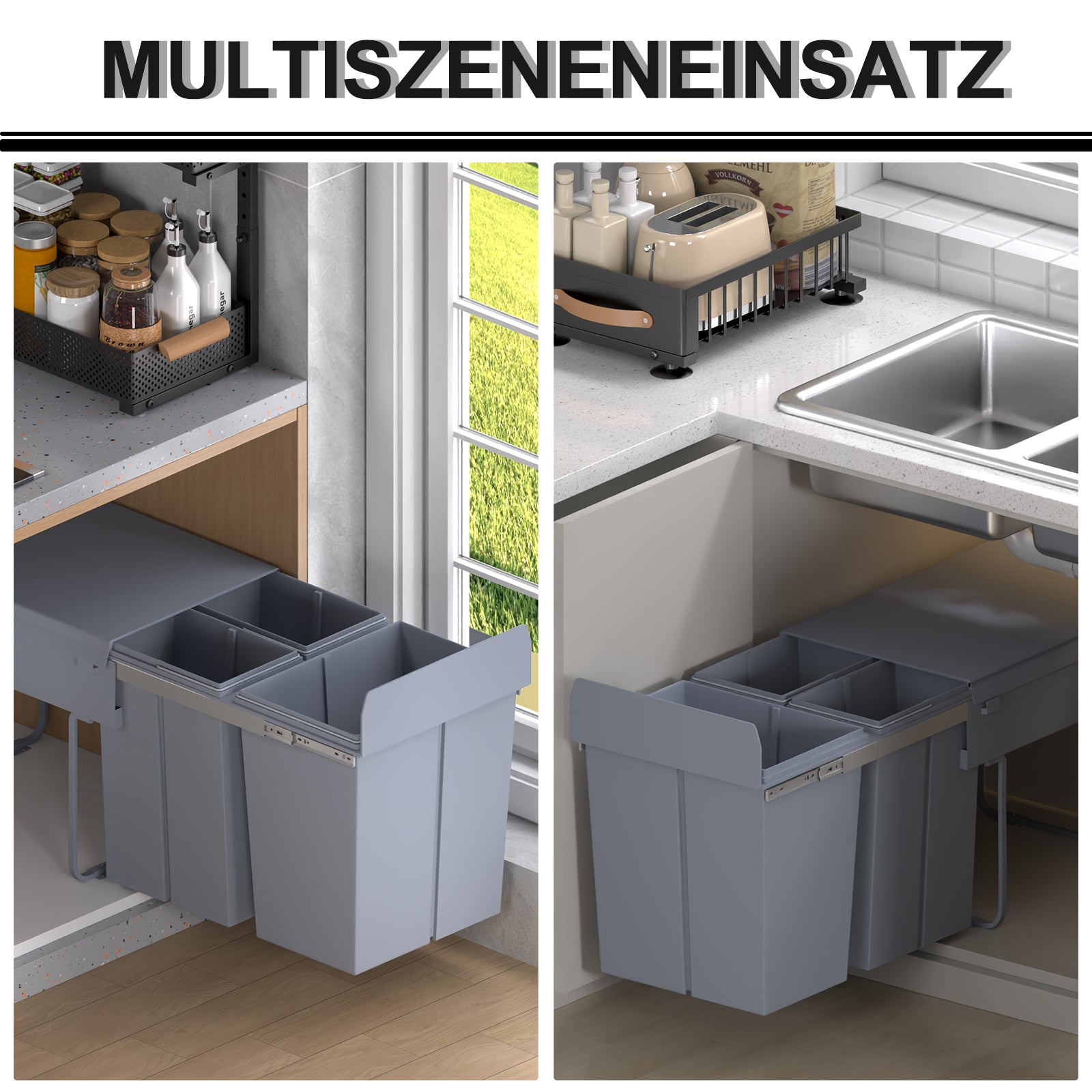 Waste Collector 1 x 20L + 2 x 10L Built-in Trash Can with 3 Compartments Pull-Out Waste Separation System Trash Bin for Installation in Base Cabinet Gray