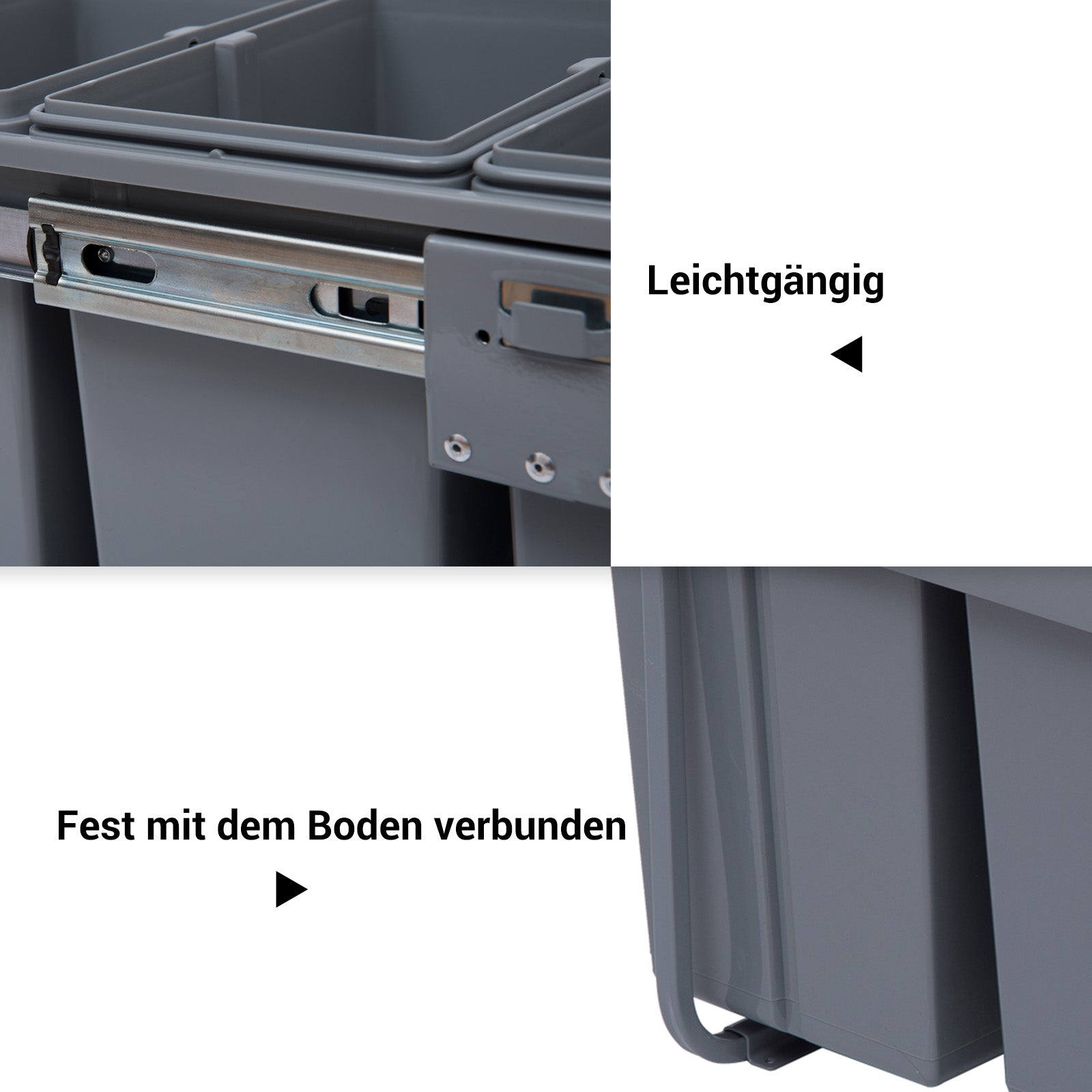Waste Collector 1 x 20L + 2 x 10L Built-in Trash Can with 3 Compartments Pull-Out Waste Separation System Trash Bin for Installation in Base Cabinet Gray