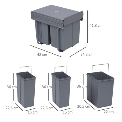 Waste Collector 1 x 20L + 2 x 10L Built-in Trash Can with 3 Compartments Pull-Out Waste Separation System Trash Bin for Installation in Base Cabinet Gray
