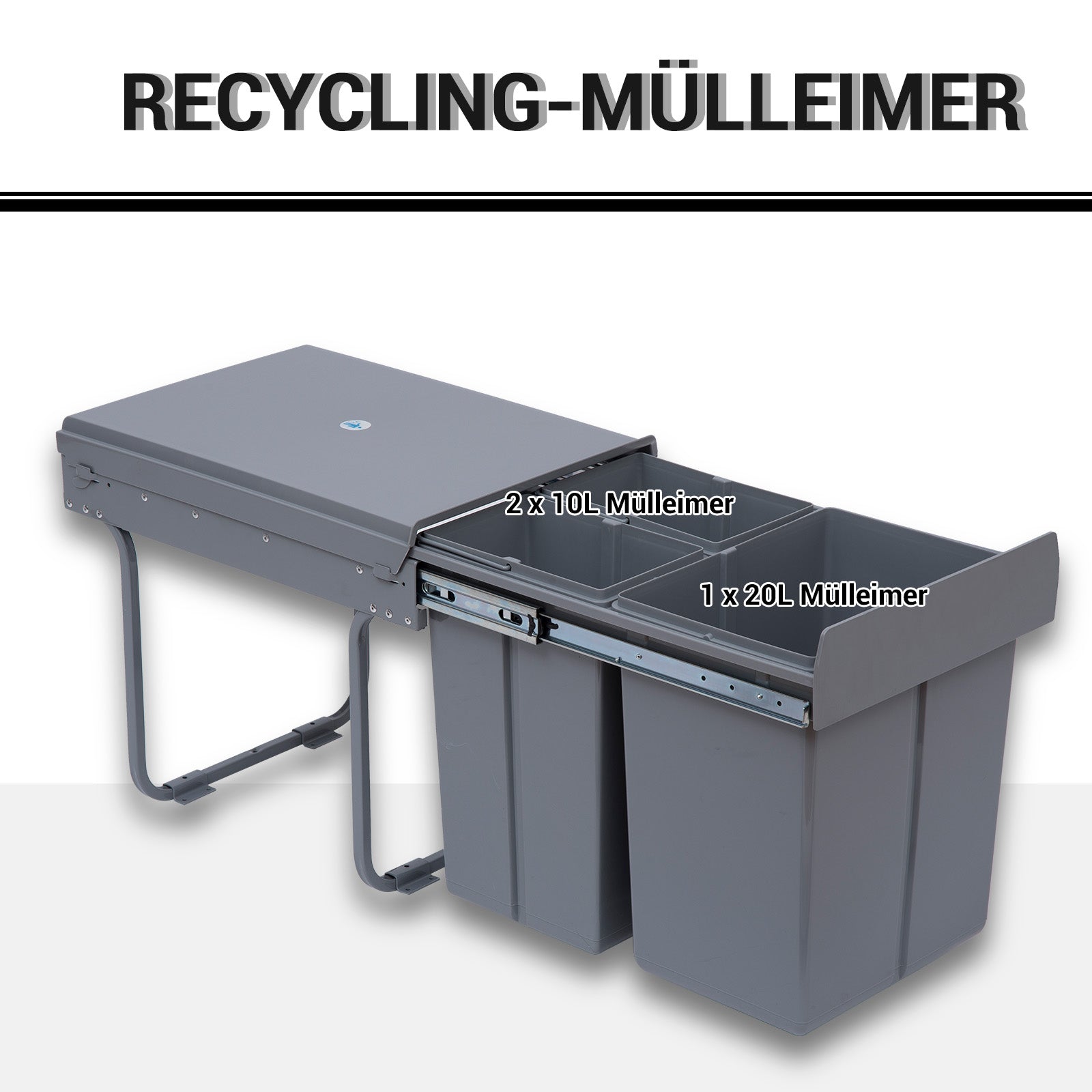 Waste Collector 1 x 20L + 2 x 10L Built-in Trash Can with 3 Compartments Pull-Out Waste Separation System Trash Bin for Installation in Base Cabinet Gray