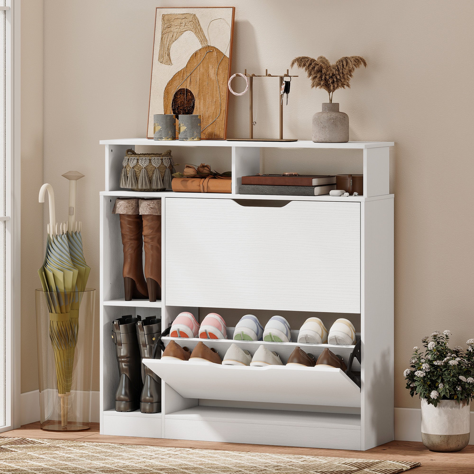 Narrow Shoe Cabinet with 2 Flip Drawers, Open Compartments & Adjustable Shelf, for Hallway & Entry, 35 x 9.8 x 36.2 in, White