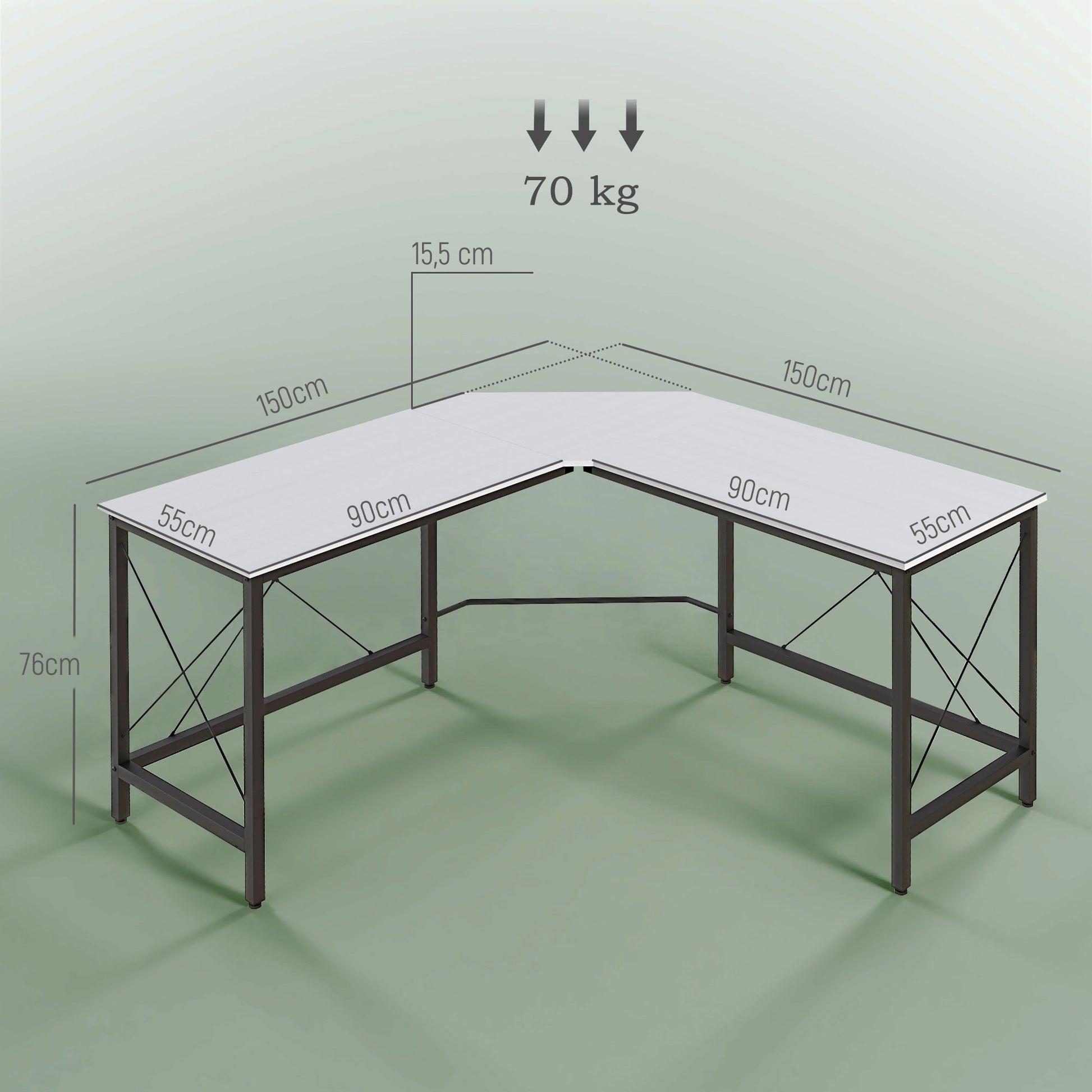 L-Shaped Desk Modern Corner Desk with Steel Frame Supports 70 kg for Office Home Study 150x150x76 cm White