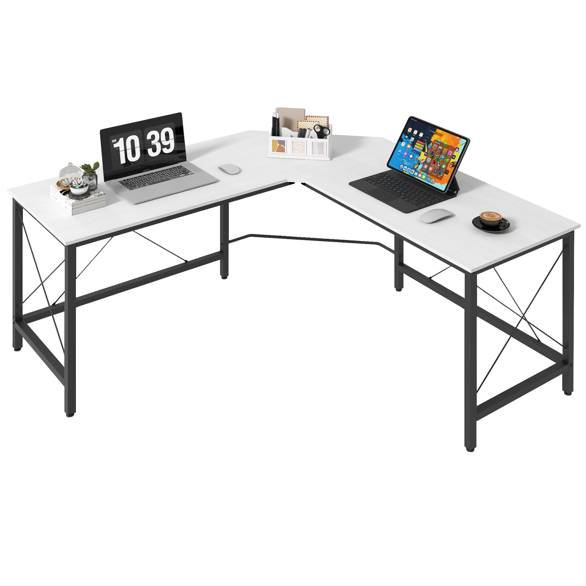 L-Shaped Desk Modern Corner Desk with Steel Frame Supports 70 kg for Office Home Study 150x150x76 cm White