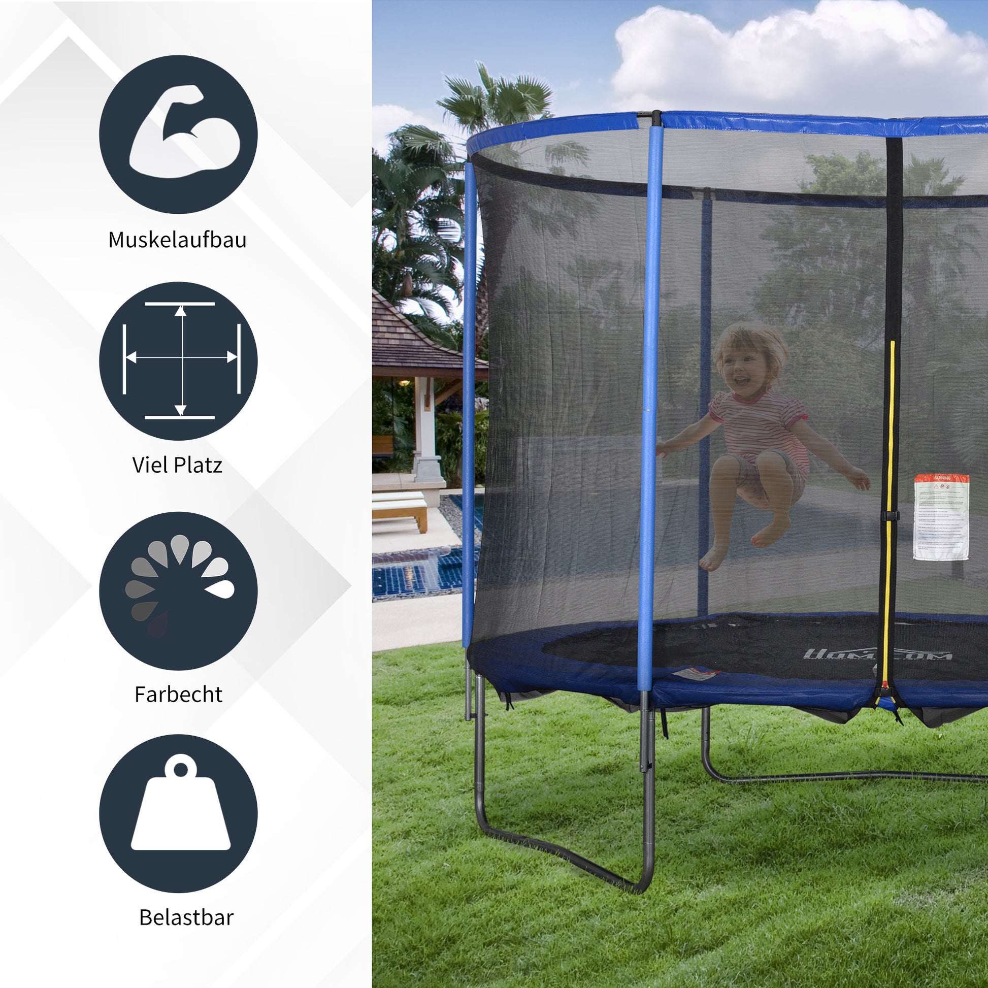 Trampoline with Safety Net Garden Trampoline for Indoor and Outdoor Fitness Trampoline for Kids and Adults Steel Blue+Black up to 113.6 kg Ø305 x 248H cm