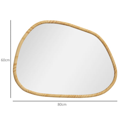 Asymmetric Wall Mirror, 80 x 60 cm Bathroom Mirror with Wooden Frame, Decorative Mirror for Bathroom, Living Room, Hallway, Bedroom, Natural