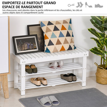 Shoe Bench, 3-Level Wooden Shoe Cabinet with Storage Shelf and Hidden Compartment, Entryway Bench for Hallway, Bedroom, 90 x 29 x 45 cm, White