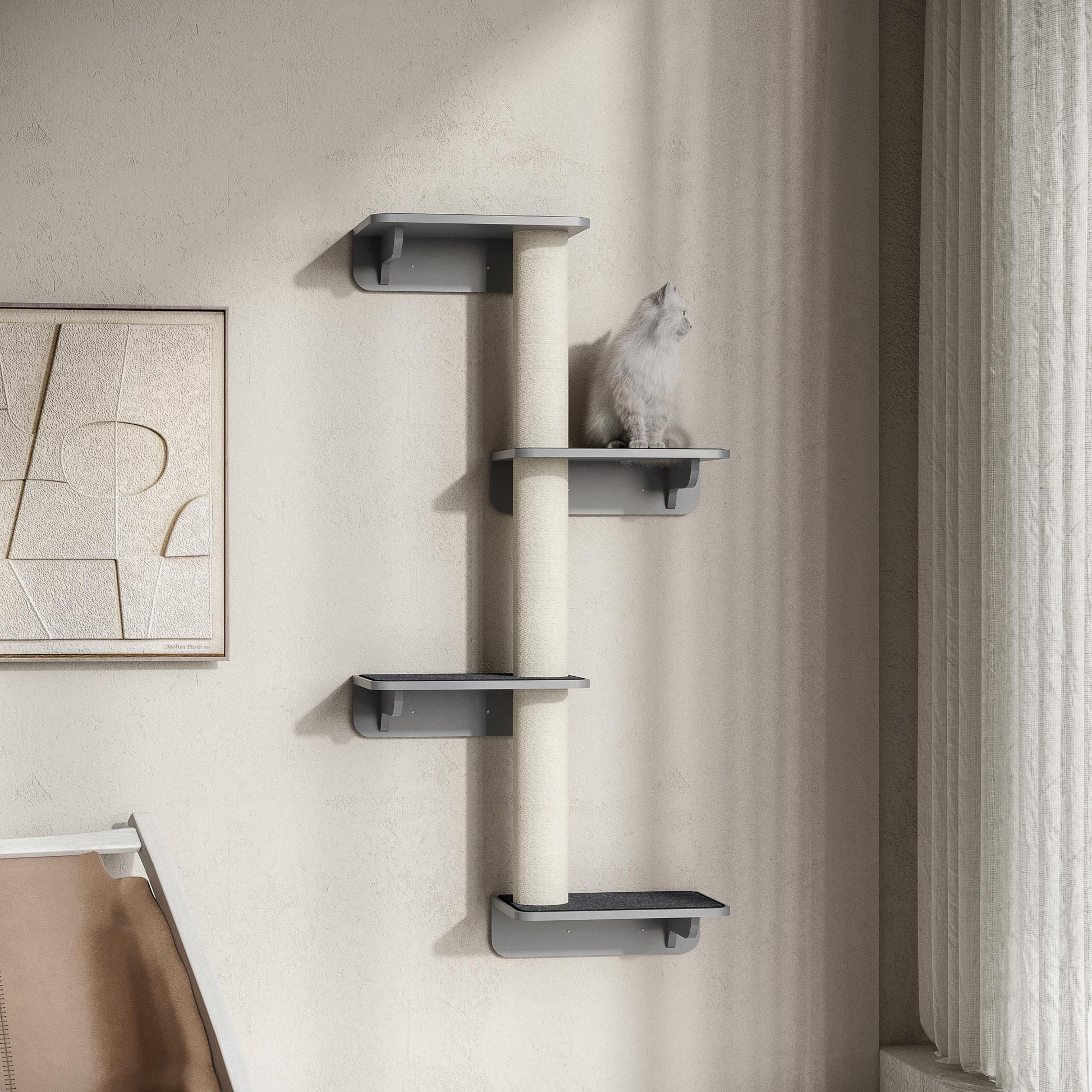 Wall-Mounted Cat Tree Cat Climbing Wall Scratching Post Cat Furniture for Wall Climbing Fun for Cats Wall Mount Wood Light Gray+Beige 66 x 28 x 137 cm