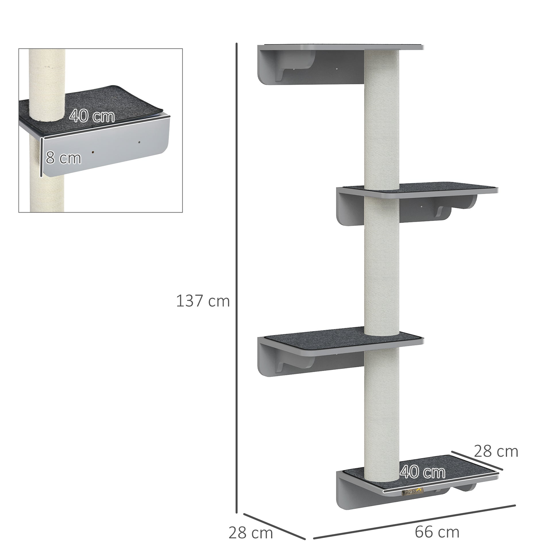 Wall-Mounted Cat Tree Cat Climbing Wall Scratching Post Cat Furniture for Wall Climbing Fun for Cats Wall Mount Wood Light Gray+Beige 66 x 28 x 137 cm