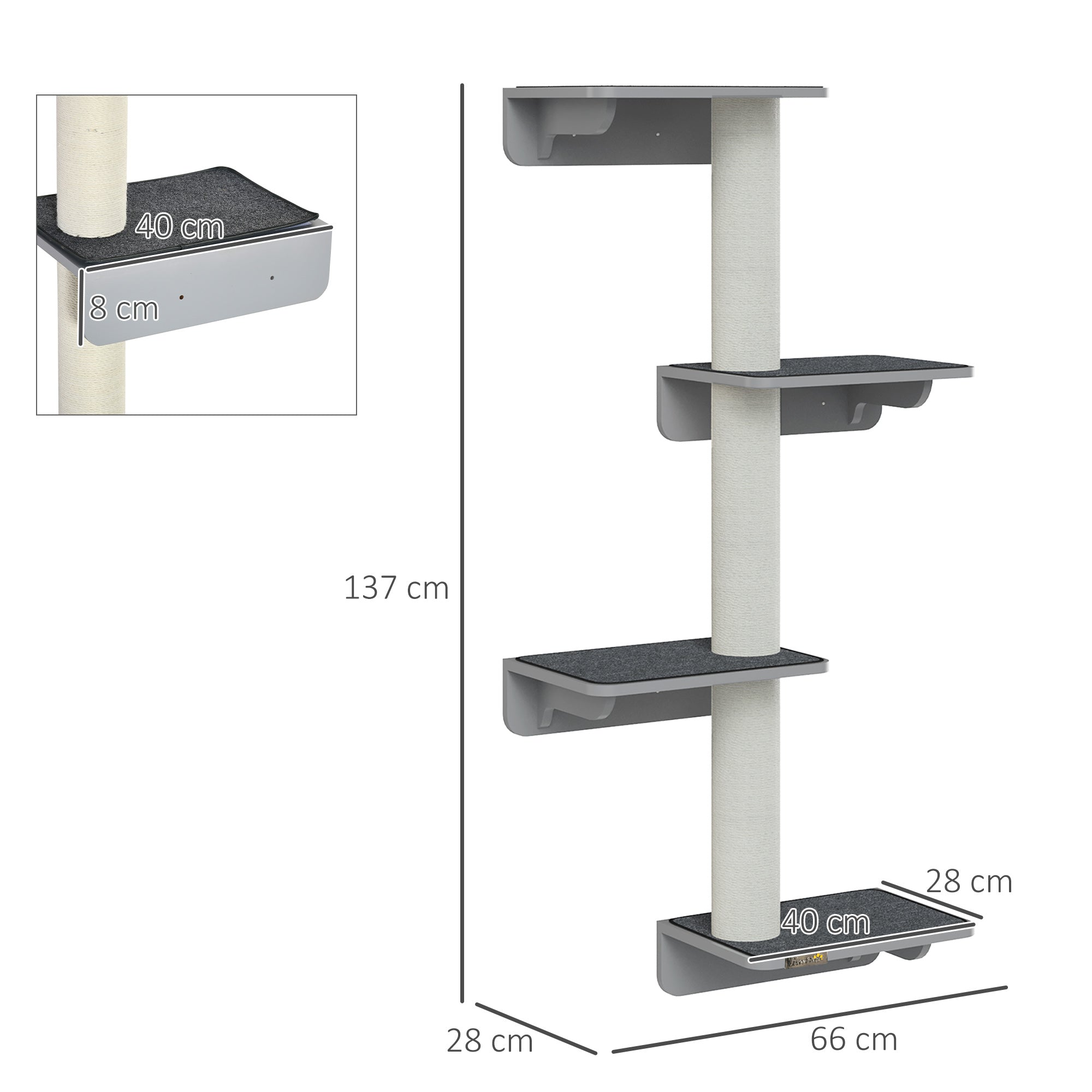 Wall-Mounted Cat Tree Cat Climbing Wall Scratching Post Cat Furniture for Wall Climbing Fun for Cats Wall Mount Wood Light Gray+Beige 66 x 28 x 137 cm