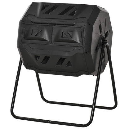 160L Double Chamber Garden Composting Rotary Composter with Ventilation Openings and Steel Legs 71x65x96 cm Black
