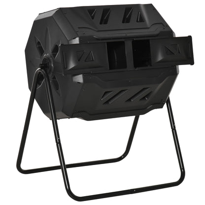 160L Double Chamber Garden Composting Rotary Composter with Ventilation Openings and Steel Legs 71x65x96 cm Black