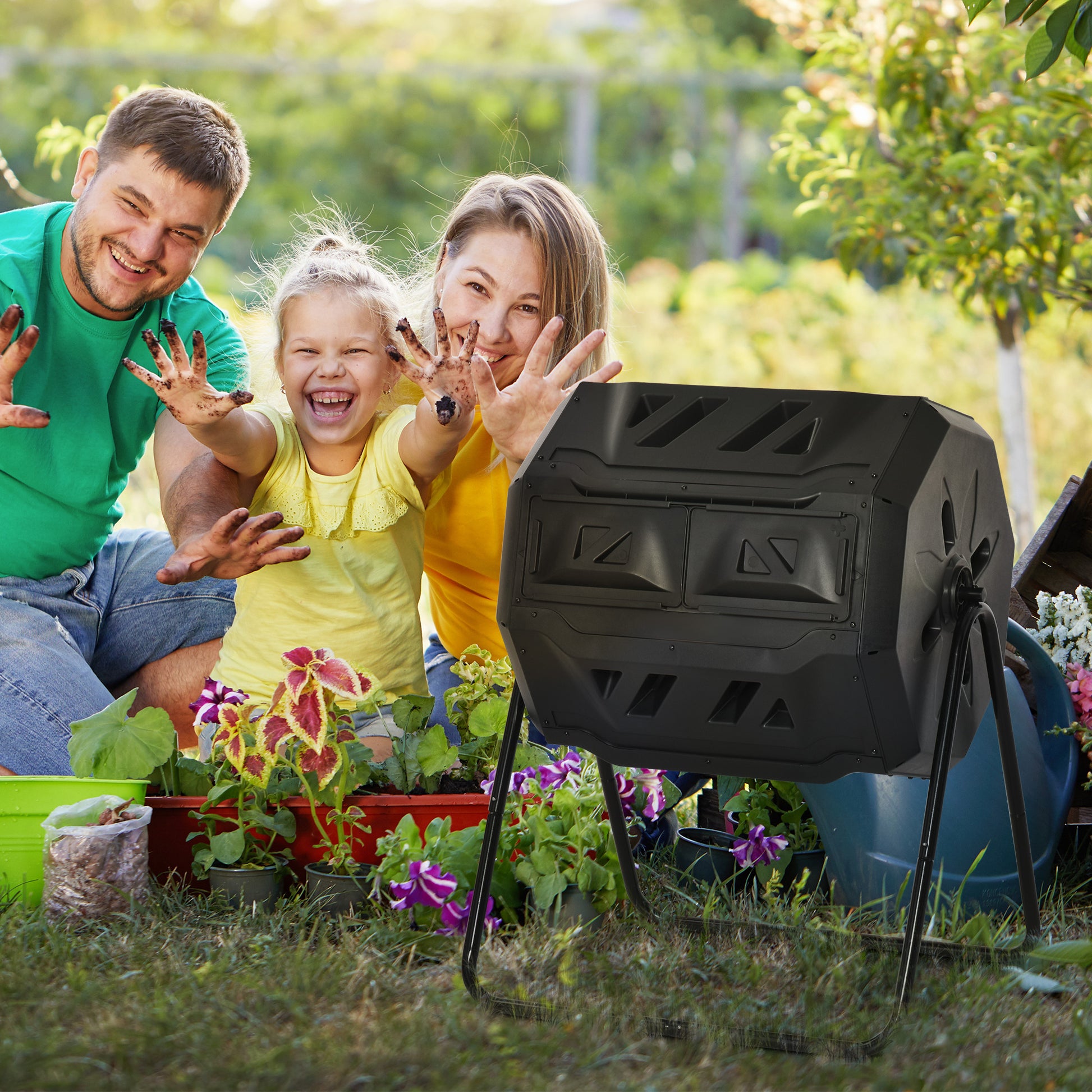 160L Double Chamber Garden Composting Rotary Composter with Ventilation Openings and Steel Legs 71x65x96 cm Black