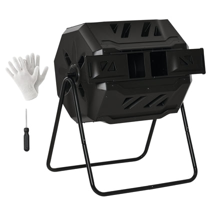 160L Double Chamber Garden Composting Rotary Composter with Ventilation Openings and Steel Legs 71x65x96 cm Black