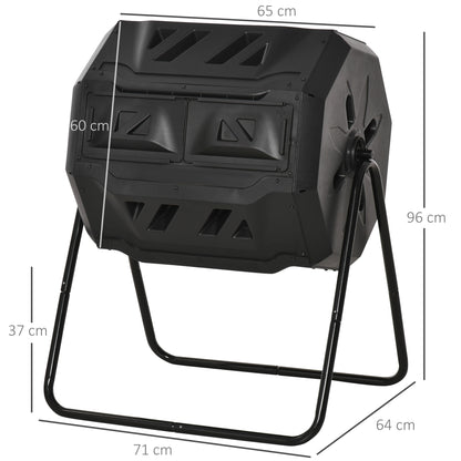 160L Double Chamber Garden Composting Rotary Composter with Ventilation Openings and Steel Legs 71x65x96 cm Black