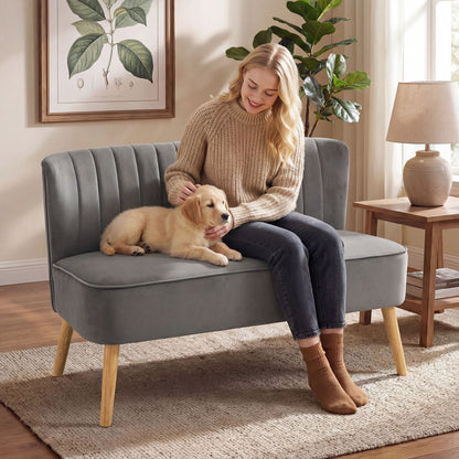 2-Seater Velvet-Look Loveseat Sofa, Modern Upholstered Small Sofa for Living Room, Bedroom, Dark Gray — 117 x 56.5 x 77 cm (46.1 x 22.2 x 30.3 in)