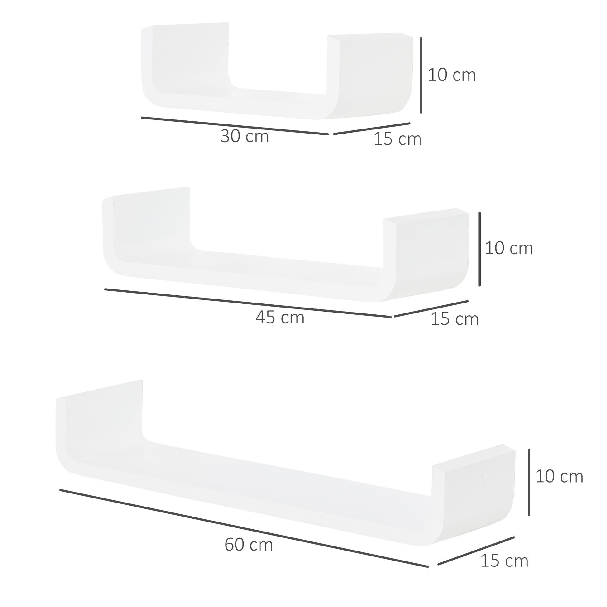 Set of 3 Floating Shelves 60/45/30x15x10 cm Wall Shelves Wood Book Storage Photo Display Decor for Living Room Hallway Bedroom White