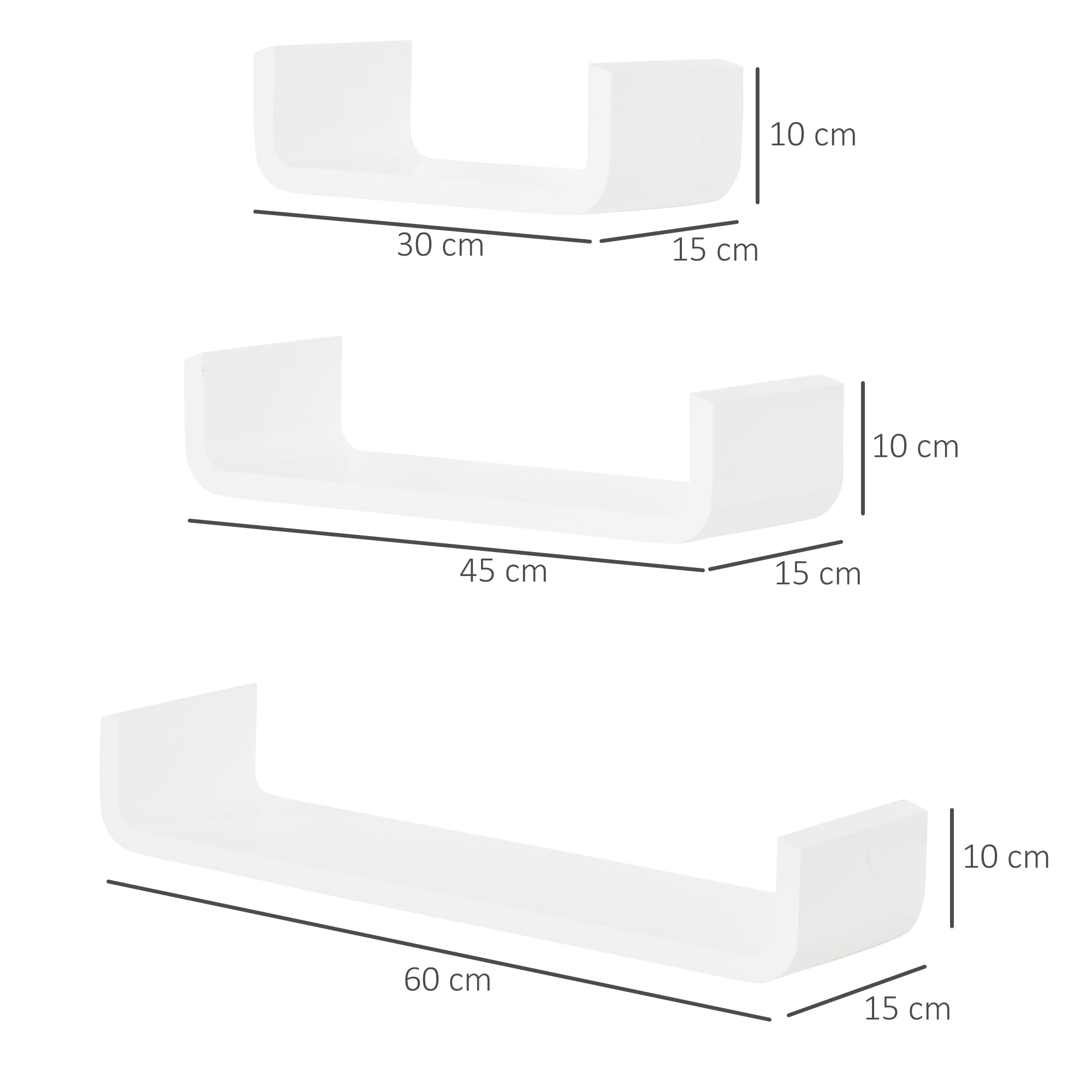 Set of 3 Floating Shelves 60/45/30x15x10 cm Wall Shelves Wood Book Storage Photo Display Decor for Living Room Hallway Bedroom White