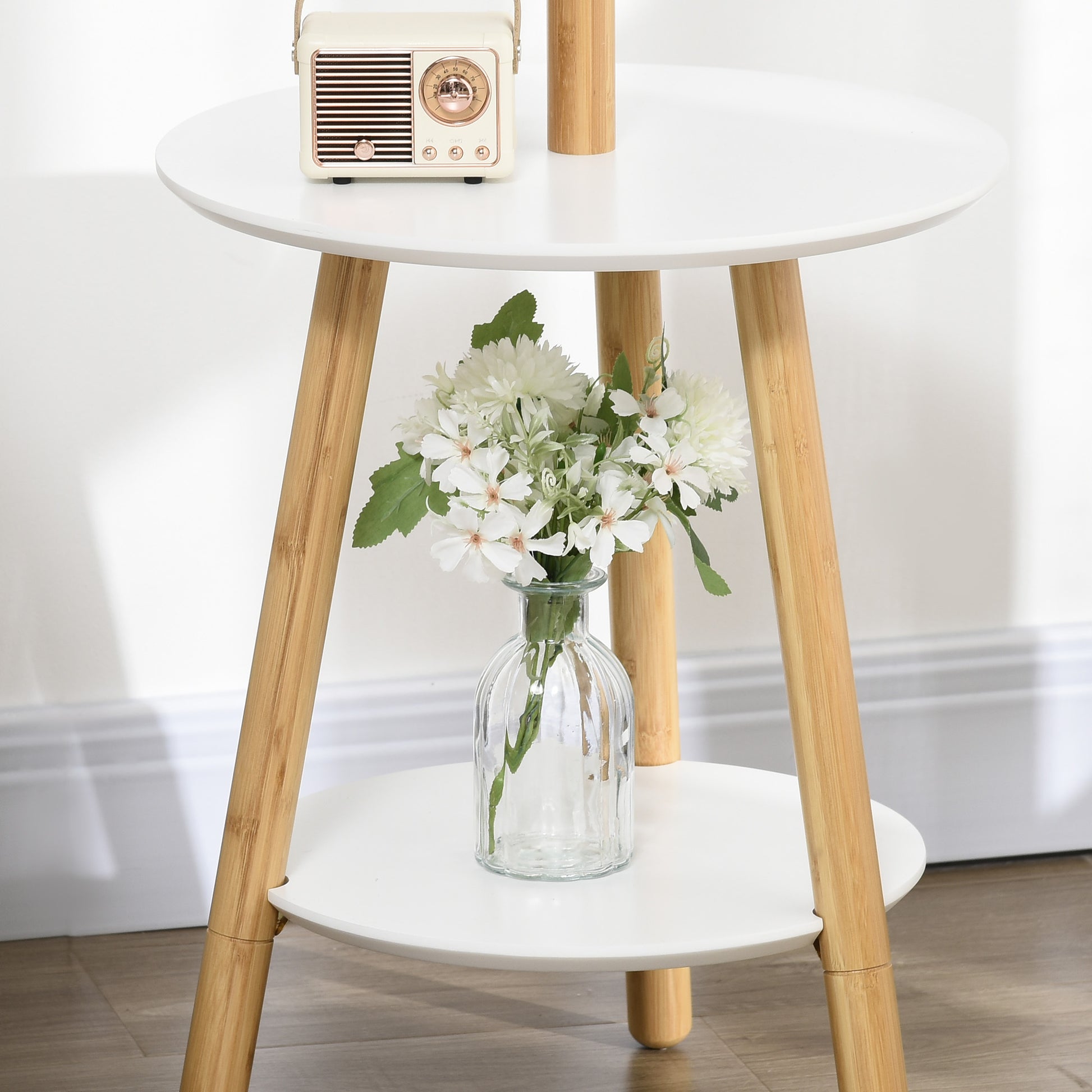 2-in-1 Bamboo Coat Stand Tree with 2 Shelves 5 Hooks for Clothes Bags and Aluminum Frame for Entryway Bedroom 39.5x39.5x171 cm Natural