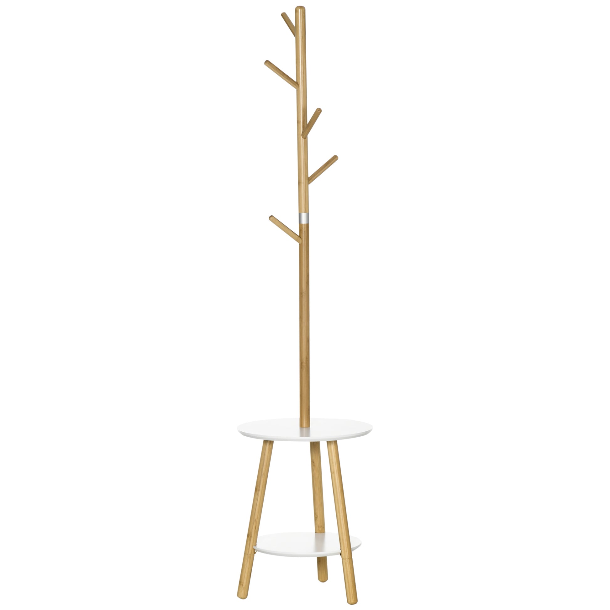 2-in-1 Bamboo Coat Stand Tree with 2 Shelves 5 Hooks for Clothes Bags and Aluminum Frame for Entryway Bedroom 39.5x39.5x171 cm Natural