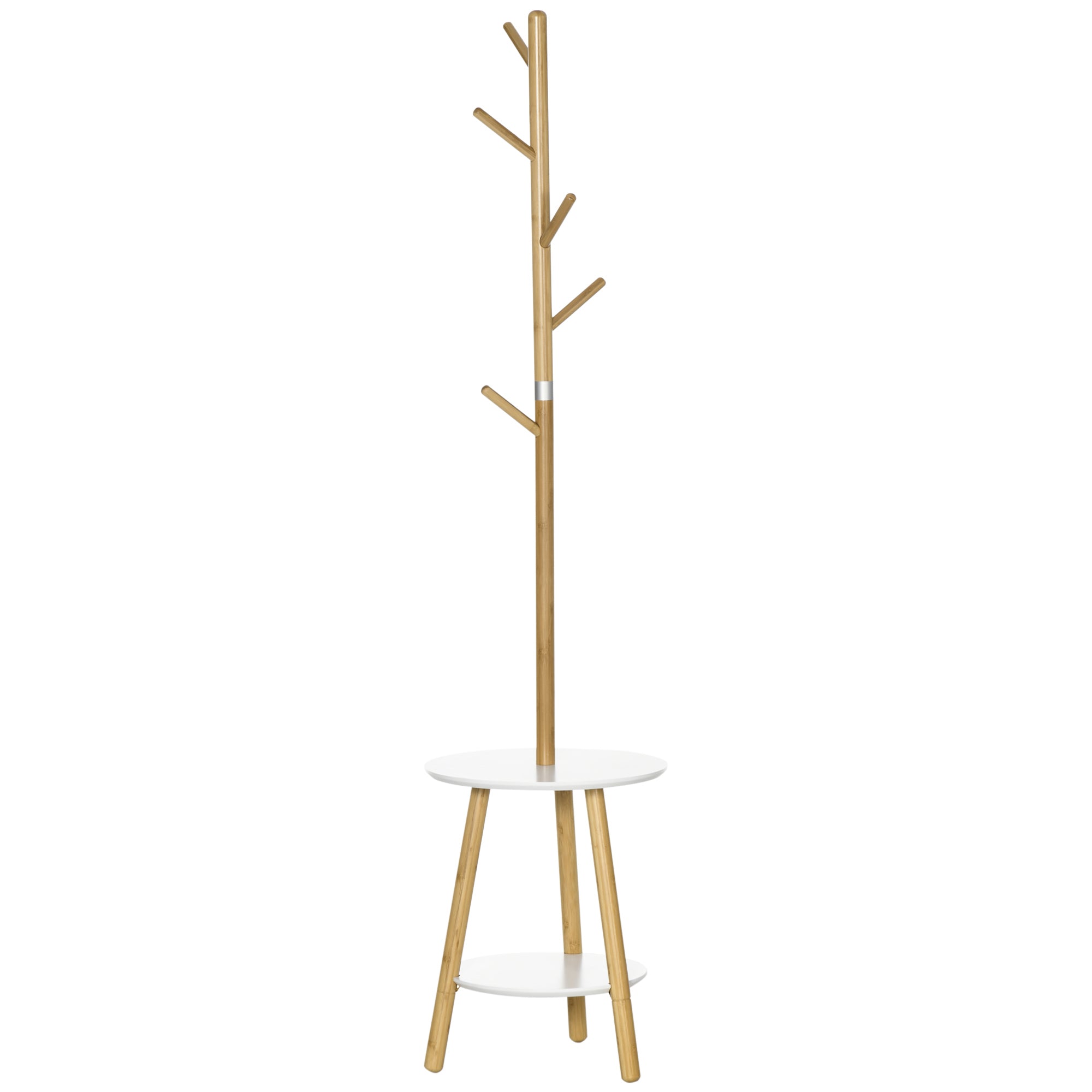 2-in-1 Bamboo Coat Stand Tree with 2 Shelves 5 Hooks for Clothes Bags and Aluminum Frame for Entryway Bedroom 39.5x39.5x171 cm Natural