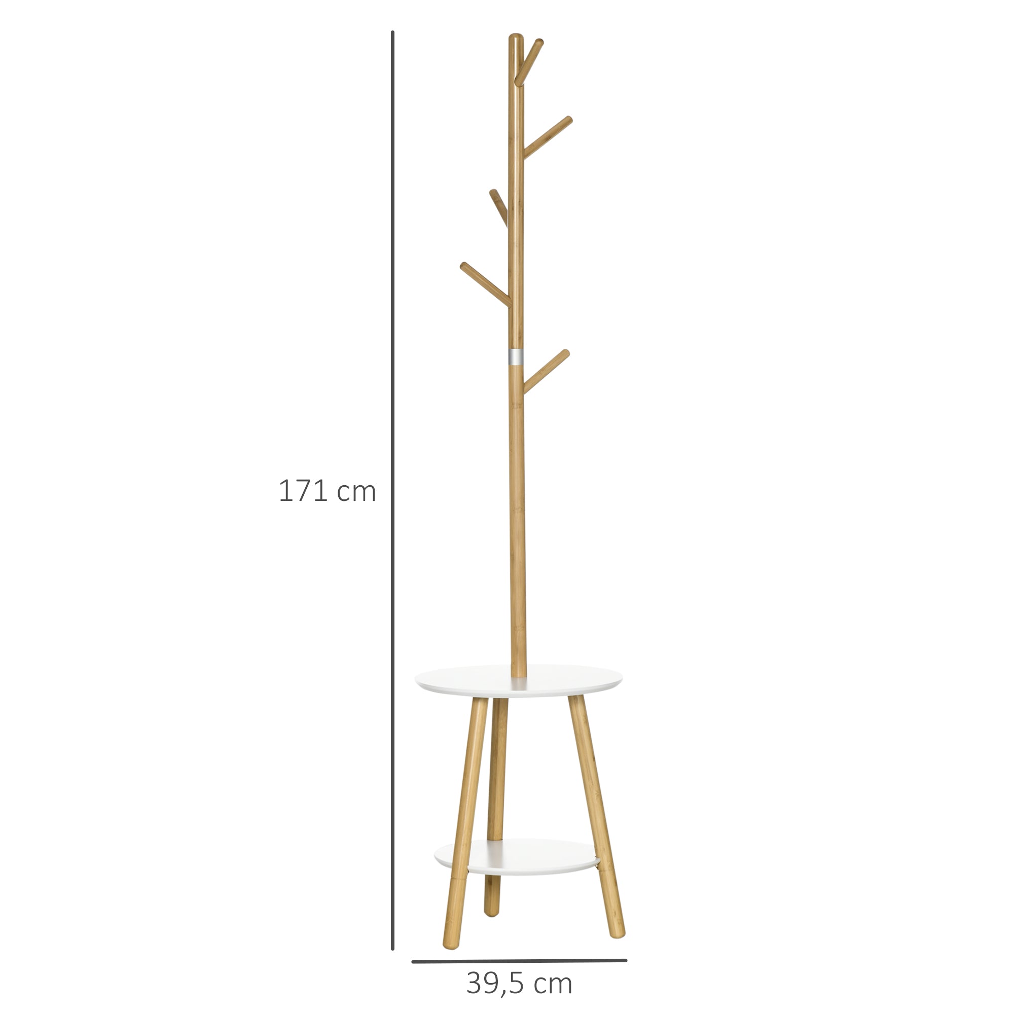 2-in-1 Bamboo Coat Stand Tree with 2 Shelves 5 Hooks for Clothes Bags and Aluminum Frame for Entryway Bedroom 39.5x39.5x171 cm Natural