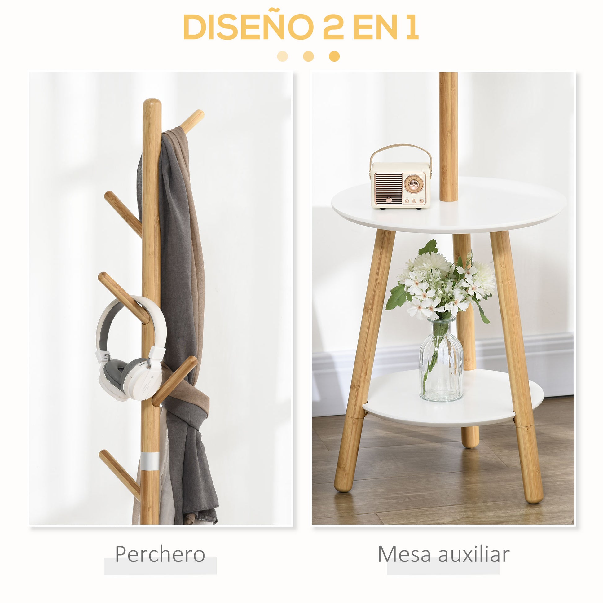 2-in-1 Bamboo Coat Stand Tree with 2 Shelves 5 Hooks for Clothes Bags and Aluminum Frame for Entryway Bedroom 39.5x39.5x171 cm Natural